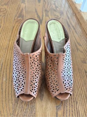 Vince Camuto Leather Laser-Cut Open-Toe Mules in Tan